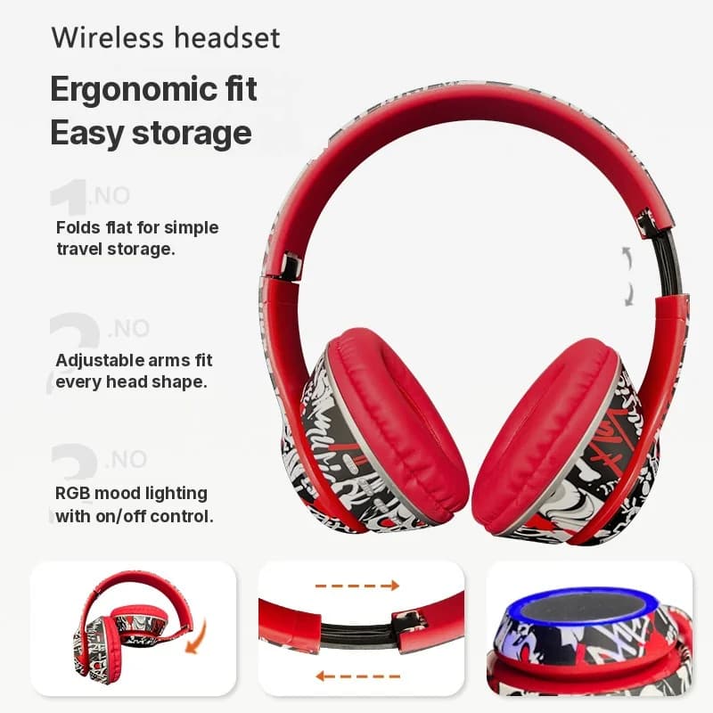 Grafiti aizausu Bluetooth austiņas ar LED apgaismojumu un dziļu basu