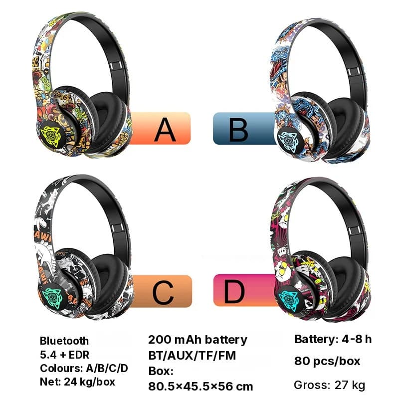 Bezvadu Bluetooth aizausu austiņas ar grafiti dizainu, saliekamas